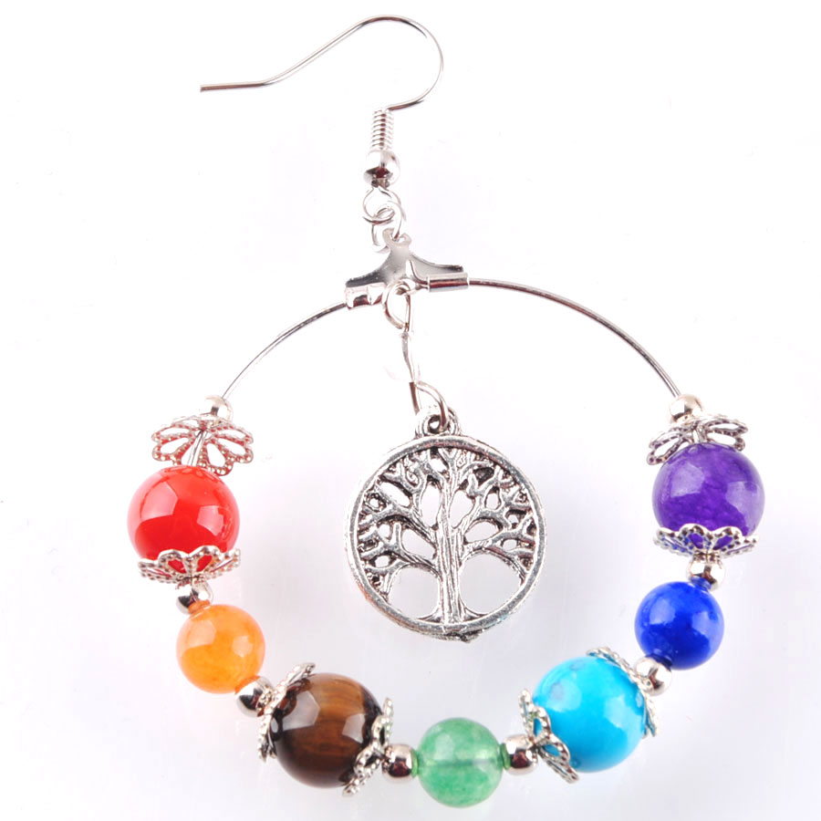 WOJIAER 7 Chakra Tree of Life Women Dangle Drop Earrings Natural Round Gem Stone Bead Reiki Healing Crystal Earring Bohemian Jewelry R3124