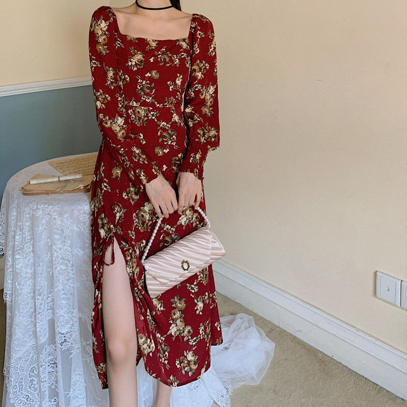 Elegant Floral Dress Women Long Sleeve Midi Vintage Dress Square Collar French Retro Sexy Party Dress Spring Korean Style 210521