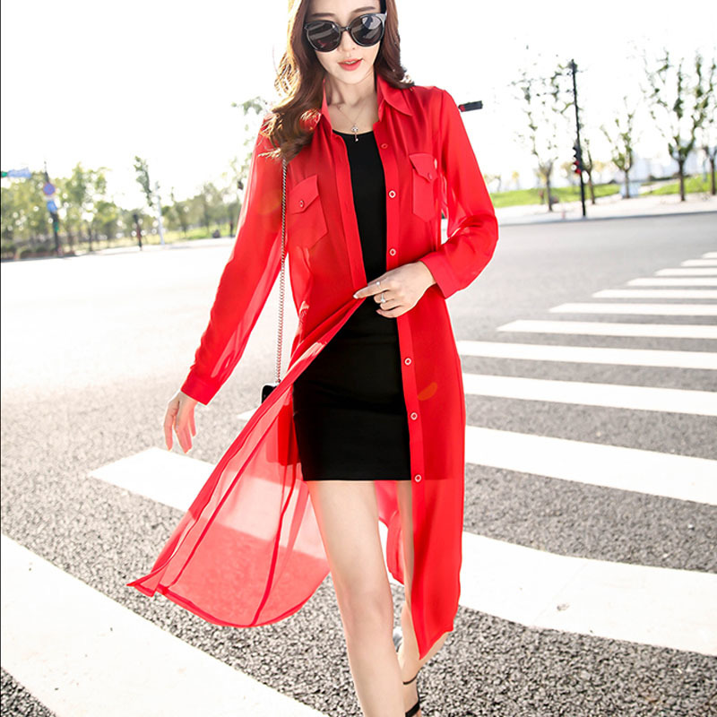 Summer Female Long Sleeve Cardigan shirt chiffon blouse Casual Shirt Women Black White Red Green 3552 210427