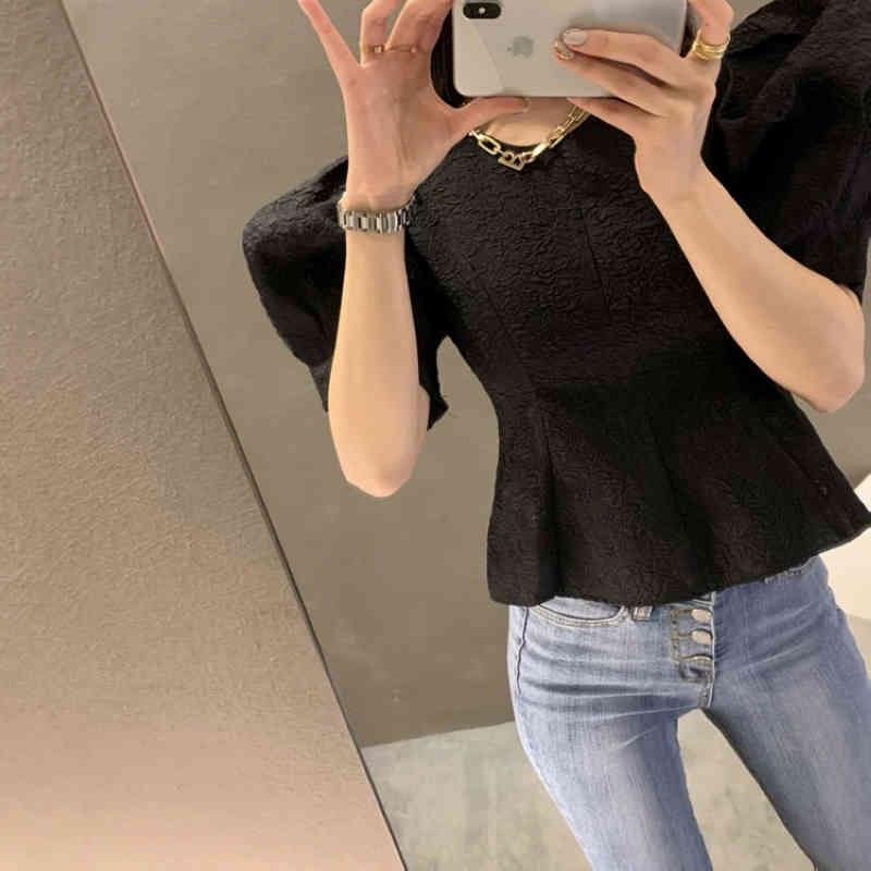 Korea Style Chic Bubble Sleeve Round Neck Women Blosue Short Slim Shirt Office Lady Top Female 13945 210427