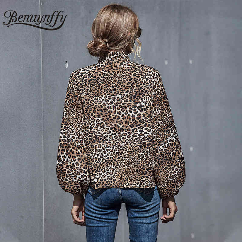 Leopard Print Bow Tie Neck Womens Tops and Blouses Autumn Loose Casual OL Women Long Sleeve Elegant Blouse 210510