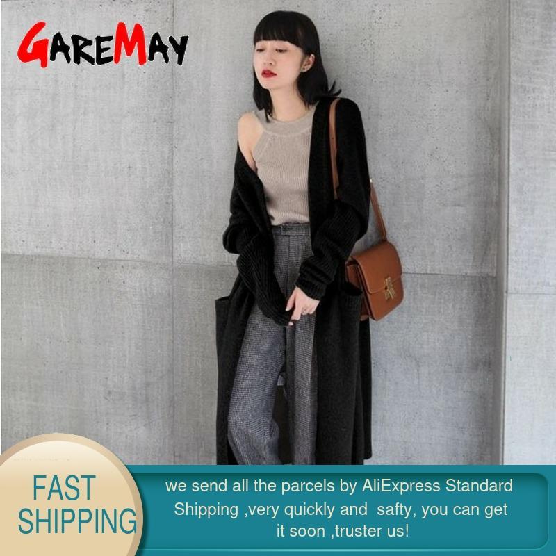 Korean Warm Knitted Cardigan Women Long Sleeve Knitwear Autumn Winter Solid Loose Female Elegant Pocket Knit Outerwear Coat 210428