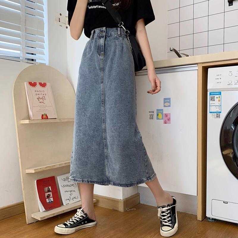 Skirts Women Denim Korean Style Button Pocket Harajuku Elastic High Waist Back Split Calf-Length Skirt Casual Streetwear 210526