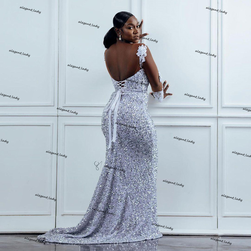 Brilliant Sequin Mermaid Evening Dresses O Neck Long Sleeve Appliques African Plus Size Sweetheart Backless Prom Dress Wear