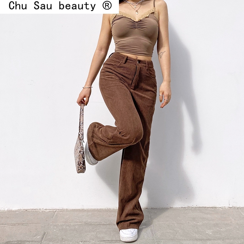 Fashion Solid Corduroy Wide Leg Pants Y2K High Waist Baggy Vintage 90s Streetwear Brown Trousers Female 210514