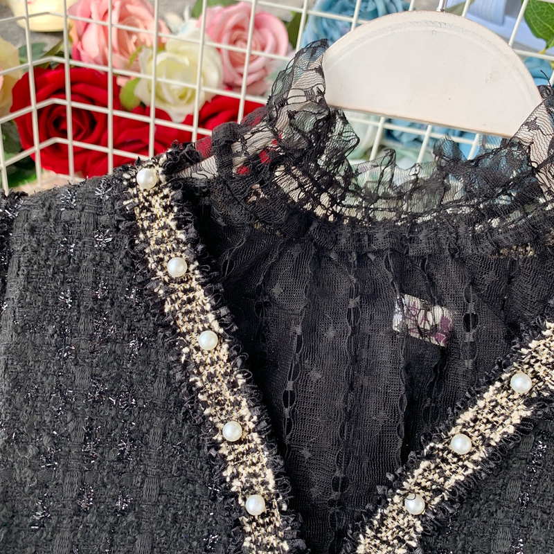 New design womens turtleneck gauze lace long sleeve shirt and v-neck beading tweed woolen a-line tank dress 2 pcs suit