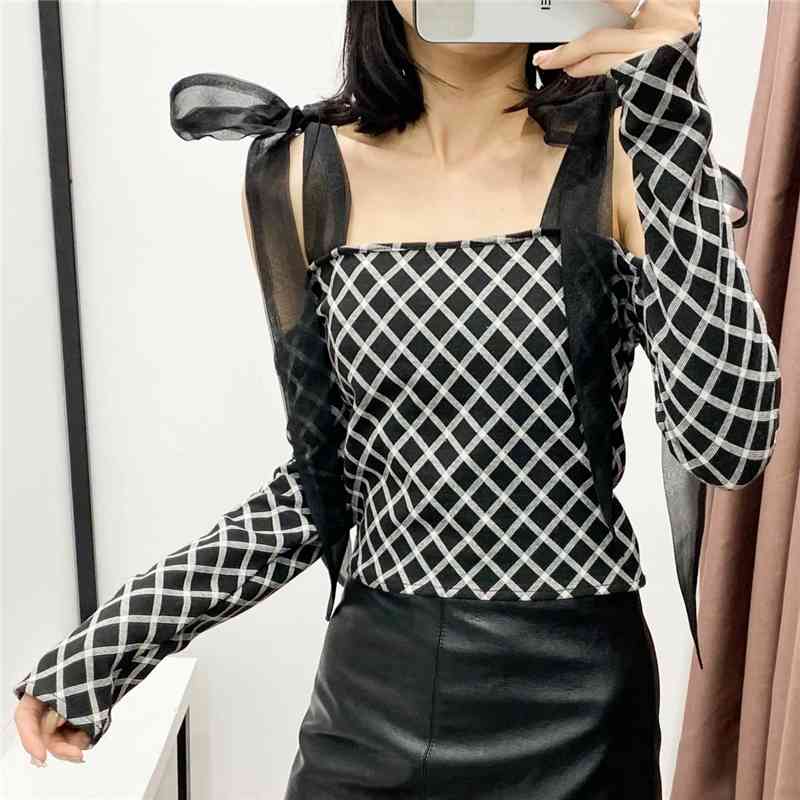 Sexy Women Chic Plaid Knitted Shirts Fashion Ladies Mesh Bow Strap Tops Sweet Female Streetwear Slash Neck Blouses 210430