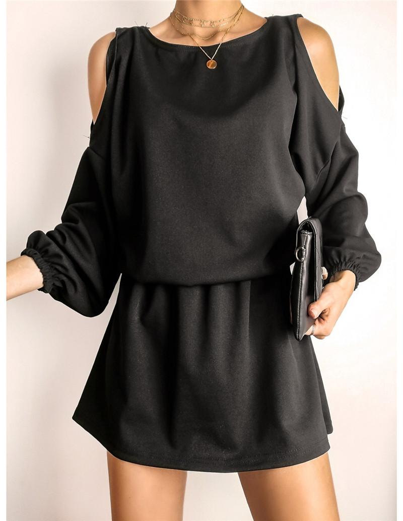 Fashion Women Solid Color Mini Dress Hollow Out Design Off Shoulder O-Neck Long Sleeve Mid Waist Casual Loose Pullovers Dresses
