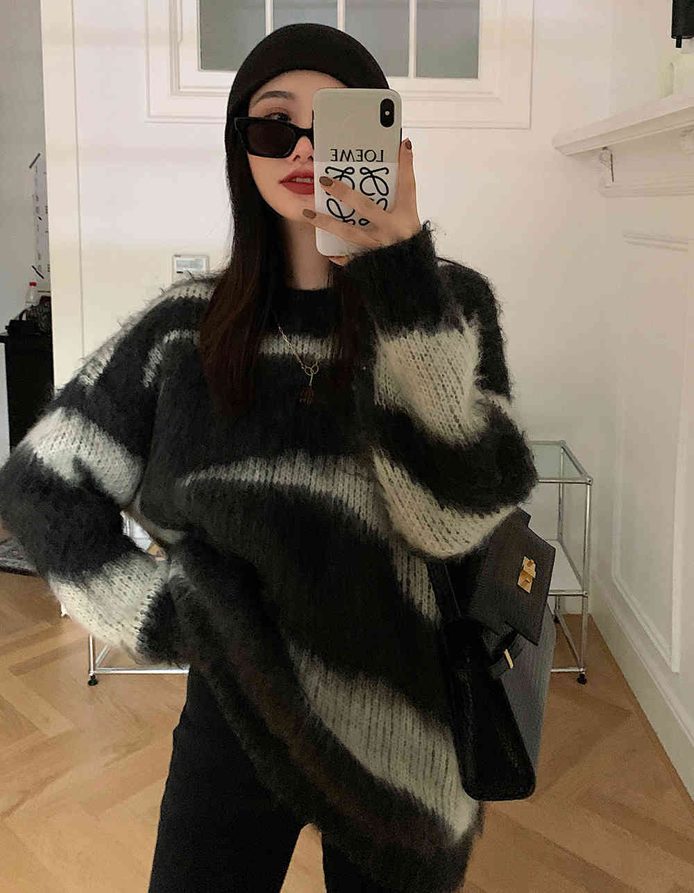 Mohair Striped Oversized Sweater Pullover Women Winter Long Loose Knitted Korean Fashion Clothing 210427