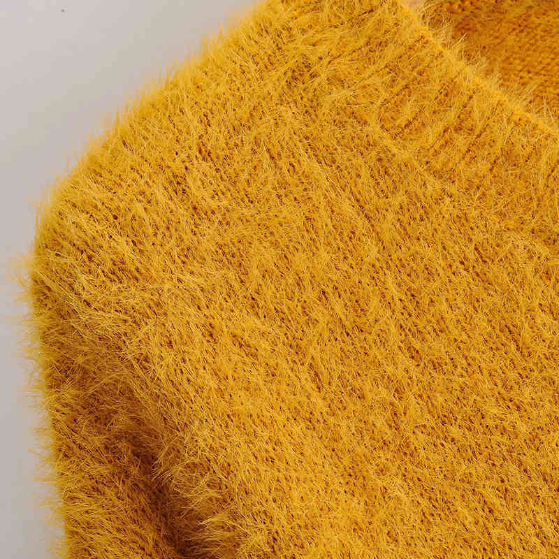 Foridol knitted cropped pullover sweater women autumn winter vintage lantern sleeve yellow fuzzy short jumper fluffy pull 210415