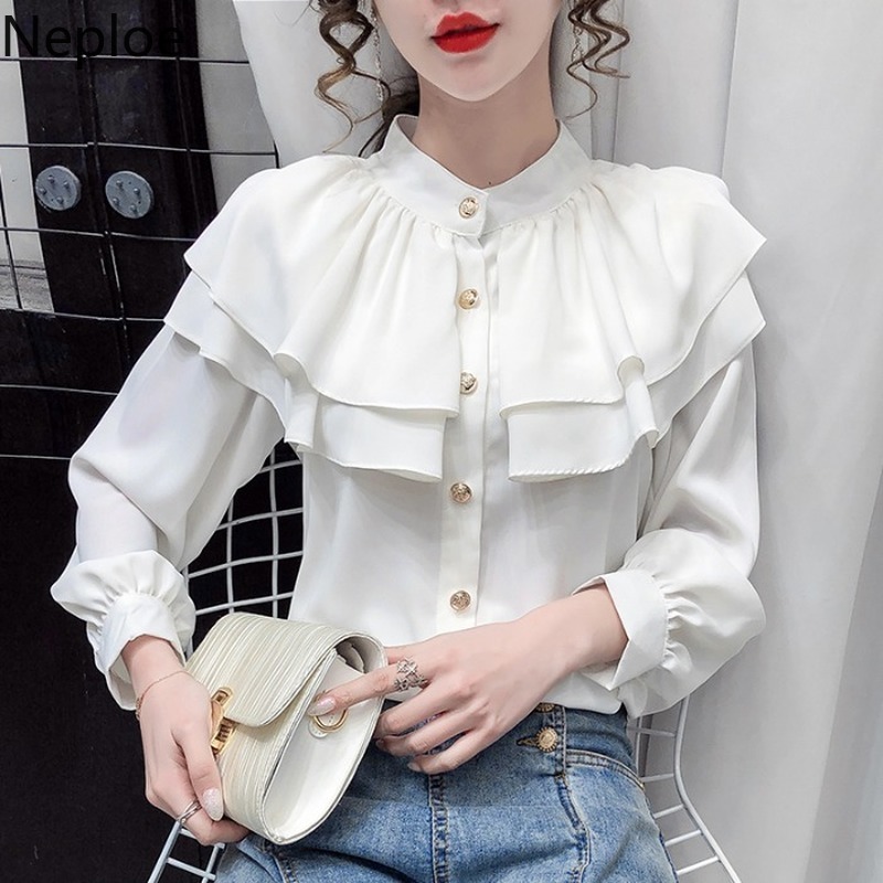 Neploe Korean Blouses Women Fashion Stand Neck Ruffles Shirt Tops Temperament Single-breasted Blouse Office Lady Blusas Mujer 210422