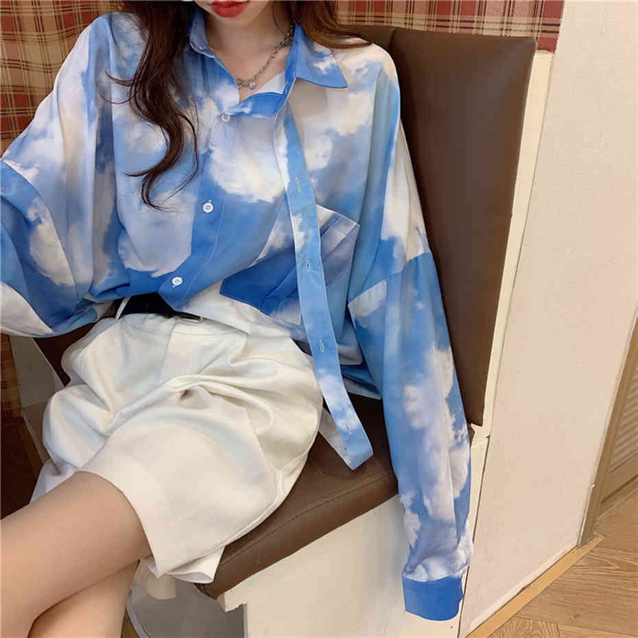 Oversize Shirt Long Sleeve Shirt Blouse Women Korean Loose Blue Sky White Clouds Tiedye Gradient Blouse Spring 16W3 210423