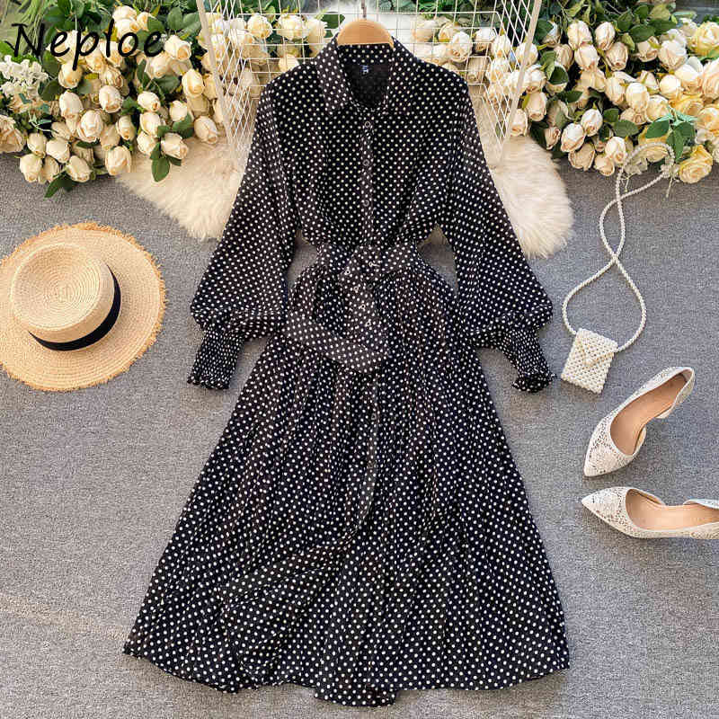 Neploe Vintage Pleated Dress Women High Waist Hip A Line Long Vestidos Mujer Bandage Slim Polka Dot Slim Dresses Spring Robe 210422