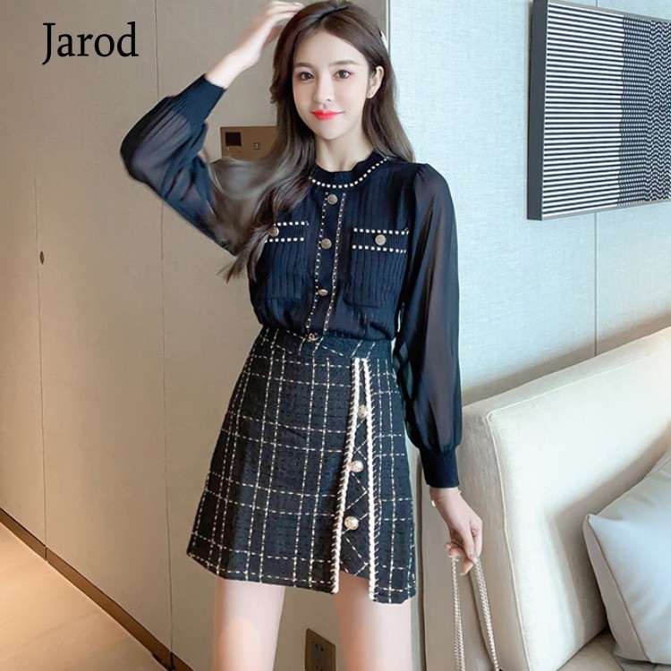 Fashion 2 Piece Set Autumn Women Chiffon Patchwork Long Sleeve Knit Top + High Waist Plaid Tweed Mini Skirt Suit 210519