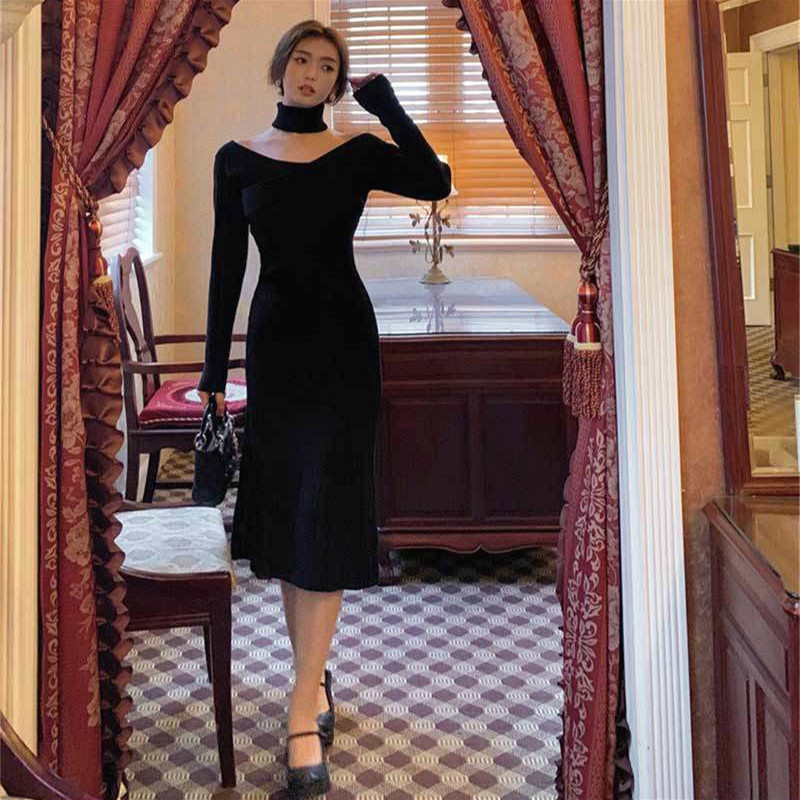Office Knit Dress Women Long Sleeve Midi Vintage Sweater Dress Female Evening Party Elegant Dress Korean Spring 210521