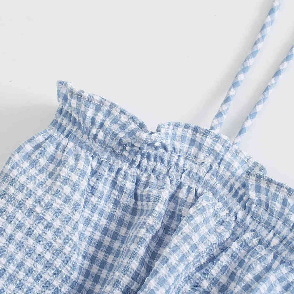 BBWM Summer Elastic Camisole Short Jumpsuit Women Backless Plaid Printed Pants Casual Streetwear Pockets Ladies' Soft Clothing 210520