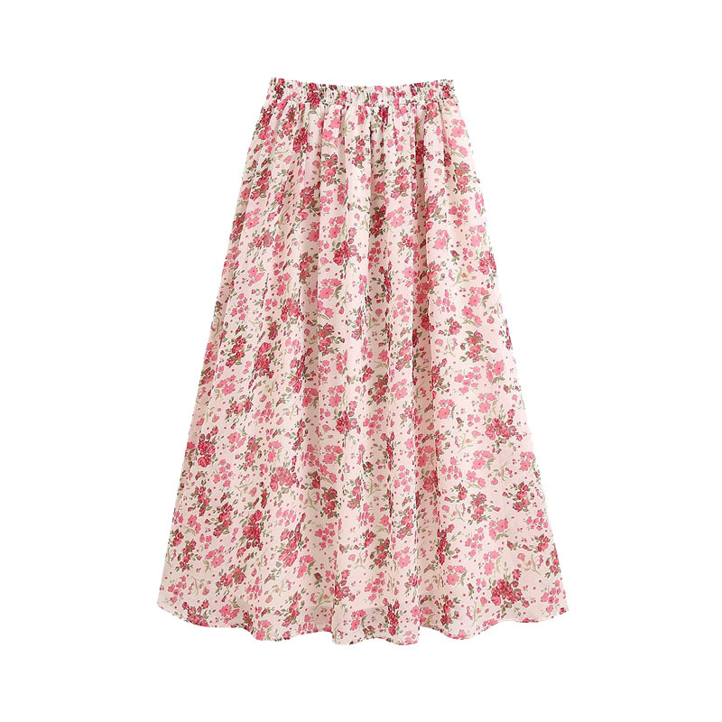 Women Chic Fashion Floral Print Pleated Midi Skirt Vintage High Elastic Waist Drawstring With Lining Female Skirts 210521