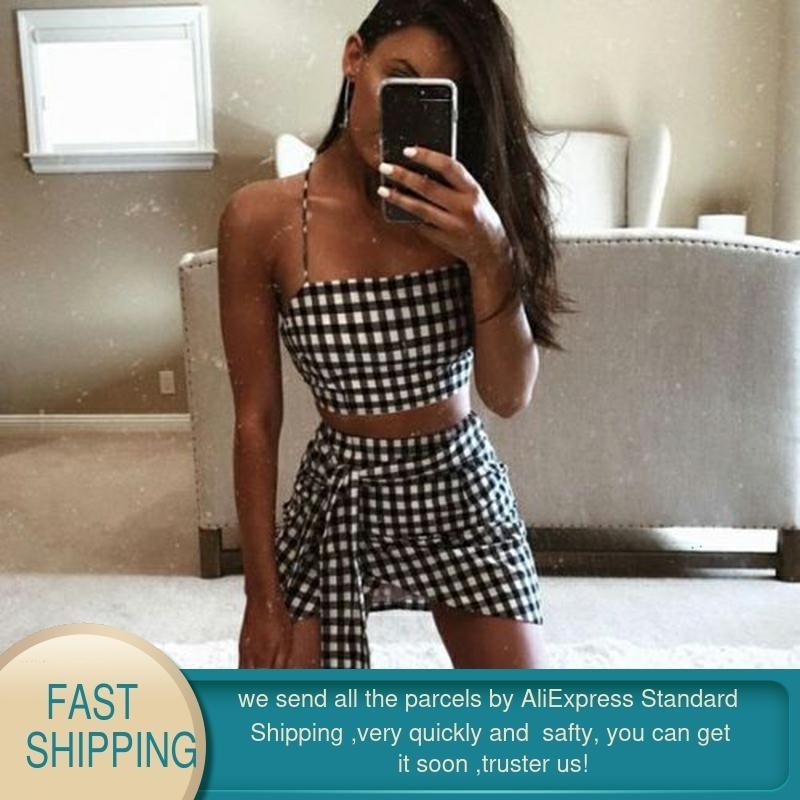 Fashion Women Checkerboard 2 Piece Set Bodycon Skirt Crop Top Off Shoulder Tank Summer Two Gingham Sexy Party 210428