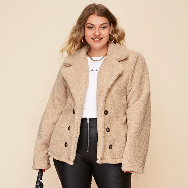 Double Breasted Lambswool Plus Size Jacket Women Casual Solid Color Oversize Coat Fashion Winter Jacket For Women New 210413