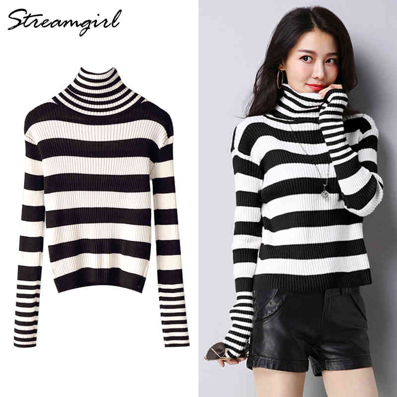 Women Turtleneck Sweater Stripe Autumn Sweaters Fashion Women Knitted Pullover Black Striped Turtleneck Ribbed Sweater 210421