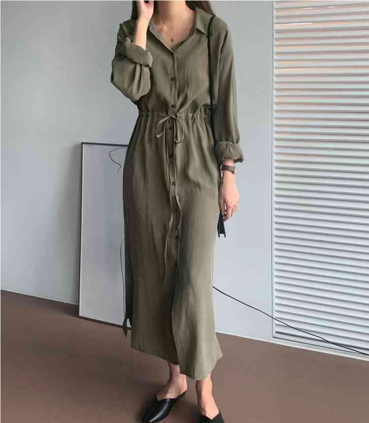 Women Shirt Dress Solid Multi Colors Casual Oversize Lace Up Long Loose Sleeve Vintage 901B 210420