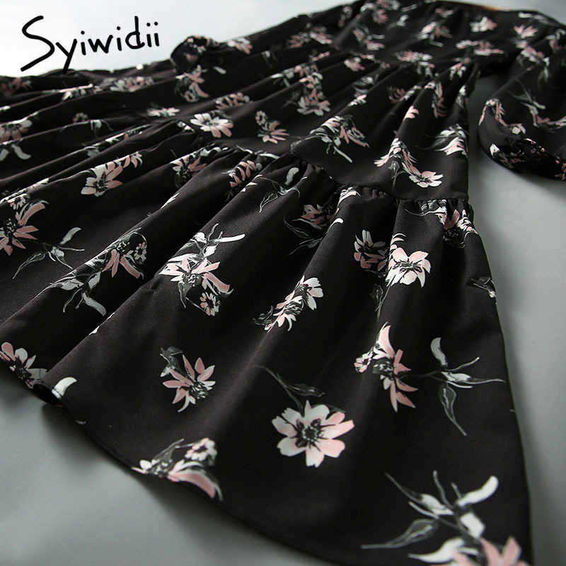 Syiwidii Dress for Women Vintage Floral Print Midi Casual Long Sleeve Spring Summer Empire Plus Size Black Elegant Dresses 210630