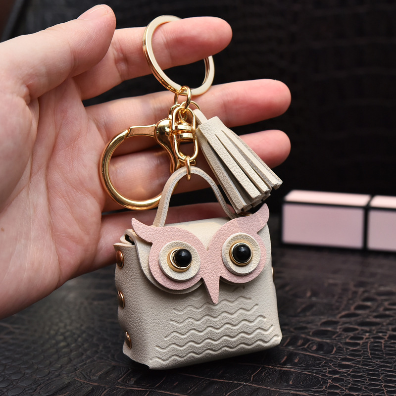 Cute Mini Ladies Leather Bag Keychain Owl Coin Purse Earphone Bag Car Key Charm Luggage Pendant Gift for Girlfriend Keyfob