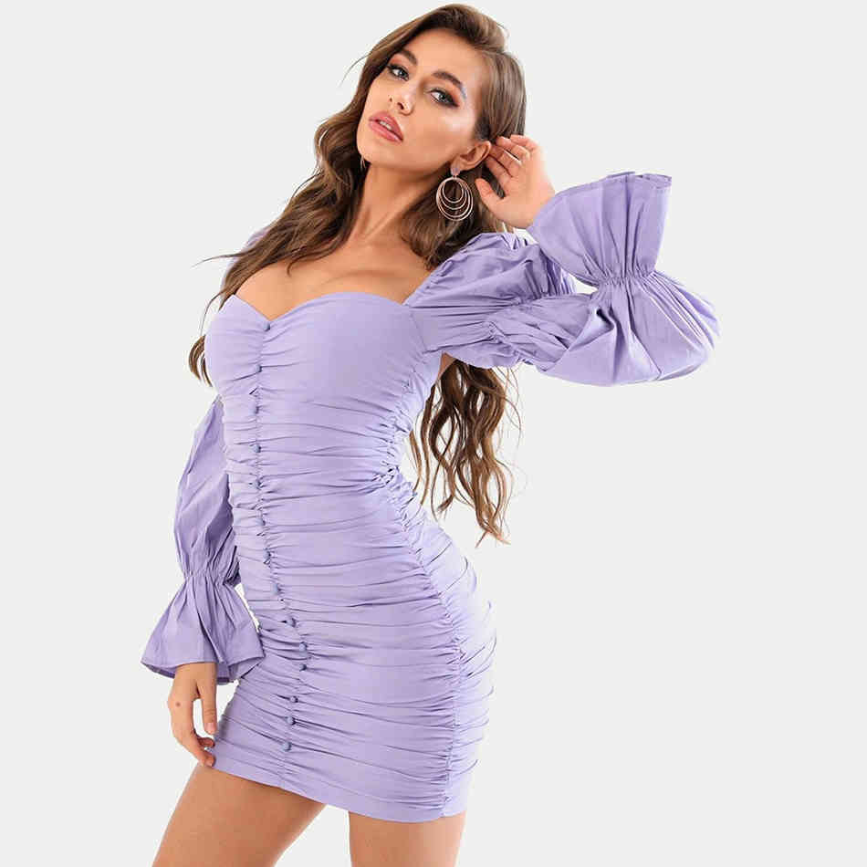 Free Women's Purple Draped Dress Sexy Square Neck Puff Sleeve Single Breasted Bodycon Club Party Mini 210524