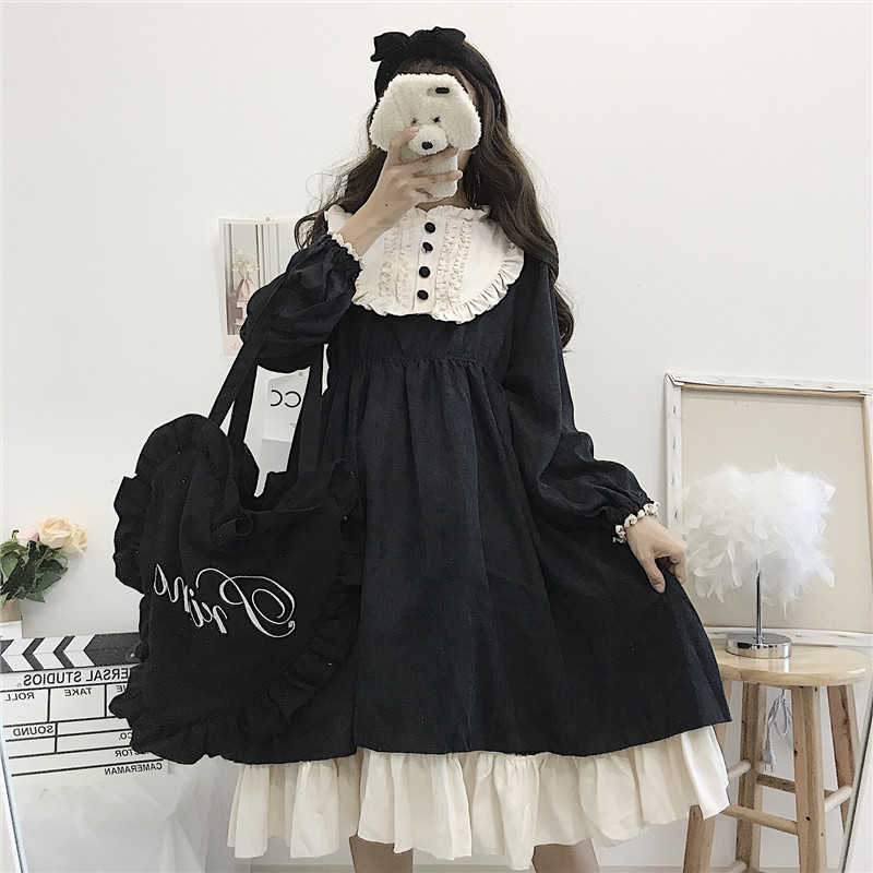 Japanese Style Autumn Women'S Dresses O-Neck High Waist Slimming Contrast-Color Ruffled Sweet Lolita Dress Kawaii Clothing 210623