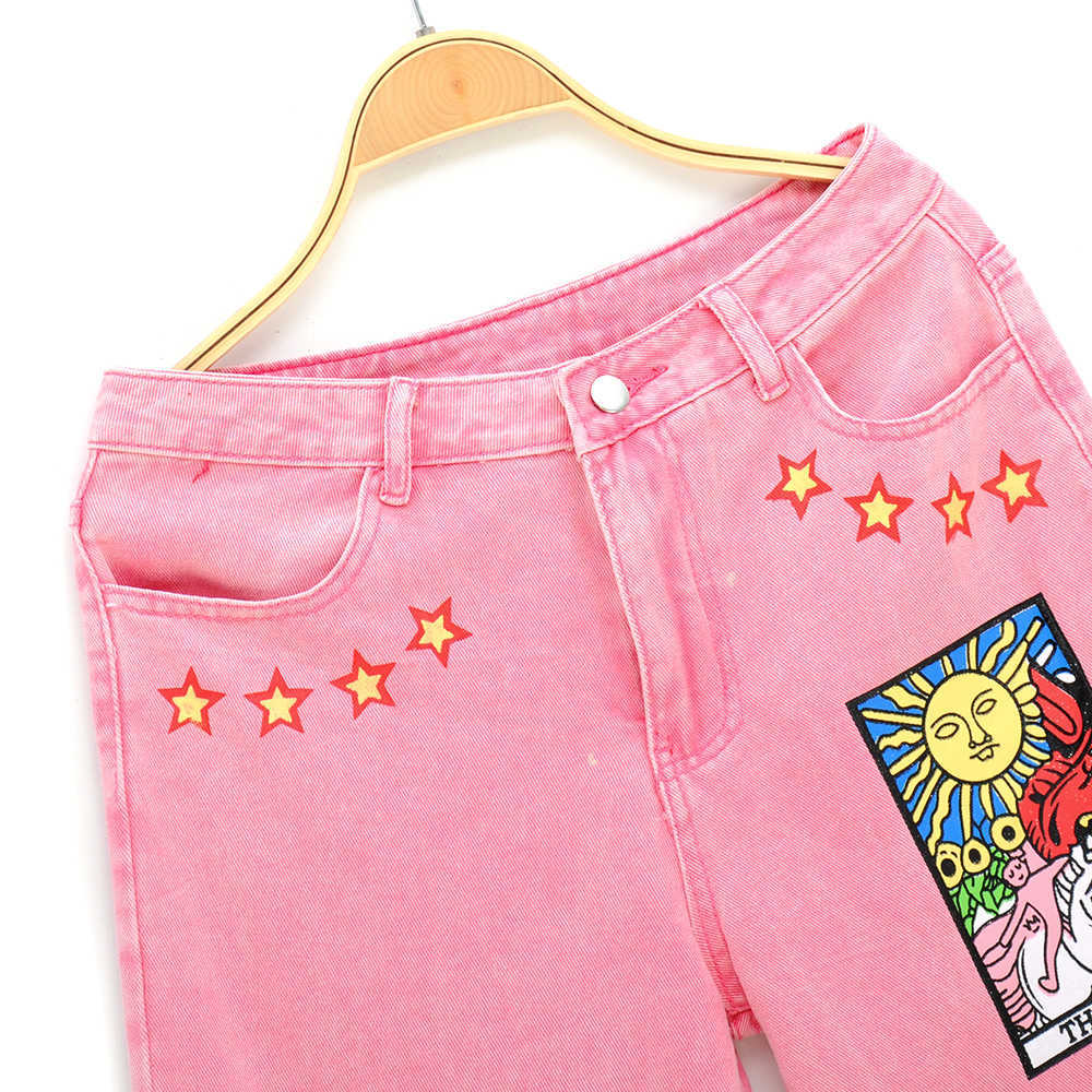 Vintage Pink Womens Jeans Pants Midwaist Sun Star Pattern Young Girl Denim Trousers Summer Autumn Female Cute Cartoon 210922