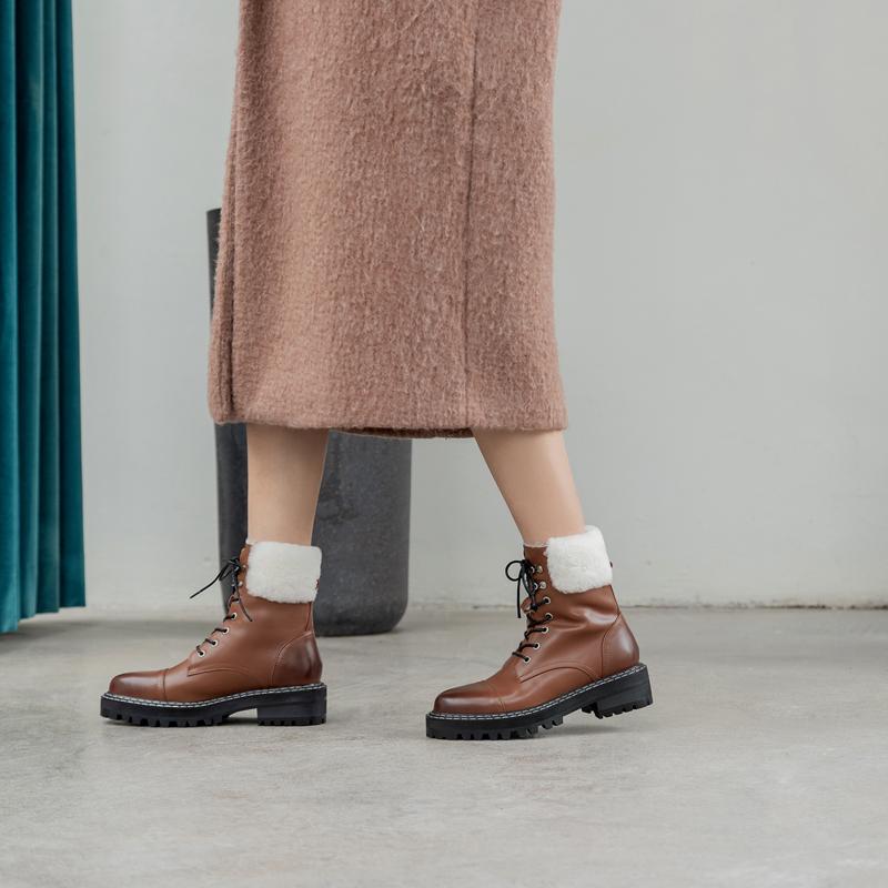 Boots Leather Snow Women Autumn Winter Cross Strap Low Square Heels Motorcycle Female Brown Back Sewing Wool Ankle Boot