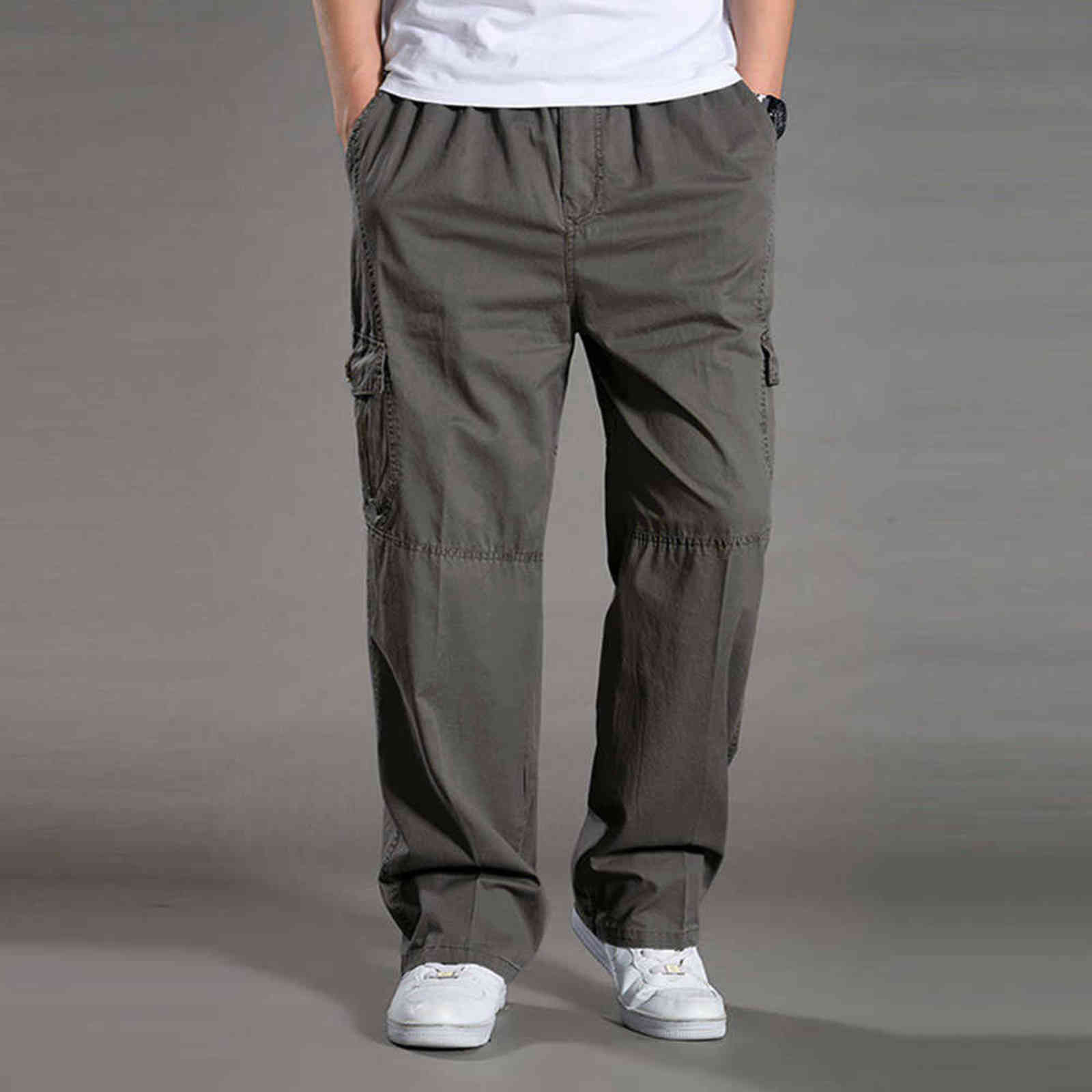 Men's Casual Trousers Cotton Overalls Elastic Waist Full Len Multi-Pocket Plus Fertilizer Men's Clothing Big Size Cargo Pants 211112