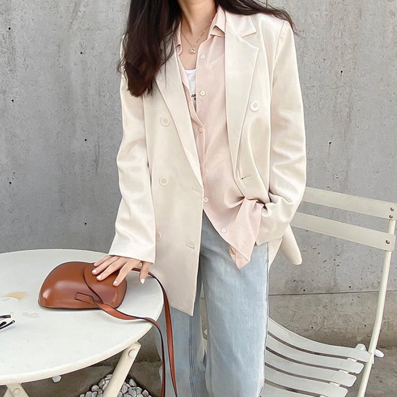 OL Elegant Vintage Casual Blazer Jacket Spring Fall Minimalist Work Wear Notched Women Blazers Loose Suit Coat 210421