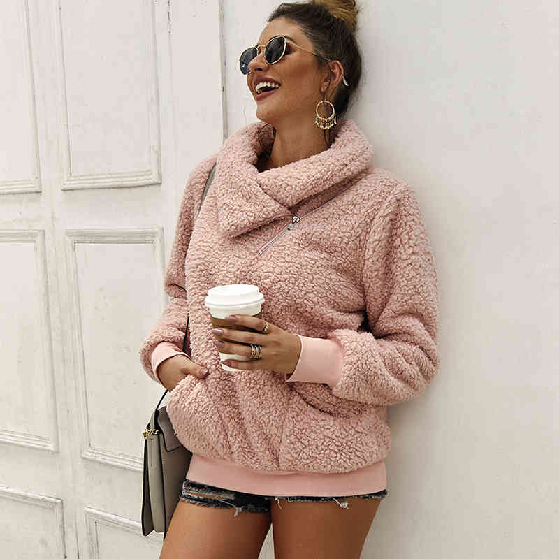 Fleece Hoodies For Women Solid Casual Autumn Turn Down Collar Sweatshirts Winter Loose Zipper Pocket Teddy Warm Pullover Tops 210414