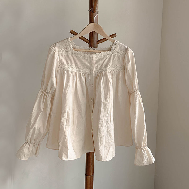 Beige Lace Blouse Vintage Square Collar Women Long Puff Sleeve Shirt Solid Cardigan Sweet Blusas Clothes Tops 11200 210427