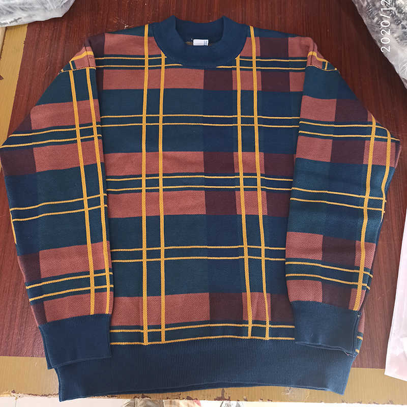 IEFB men's wear autumn winter thickened sweater Korean fashion color block patchwork plaid loose veintage kintted tops male 3242 211008