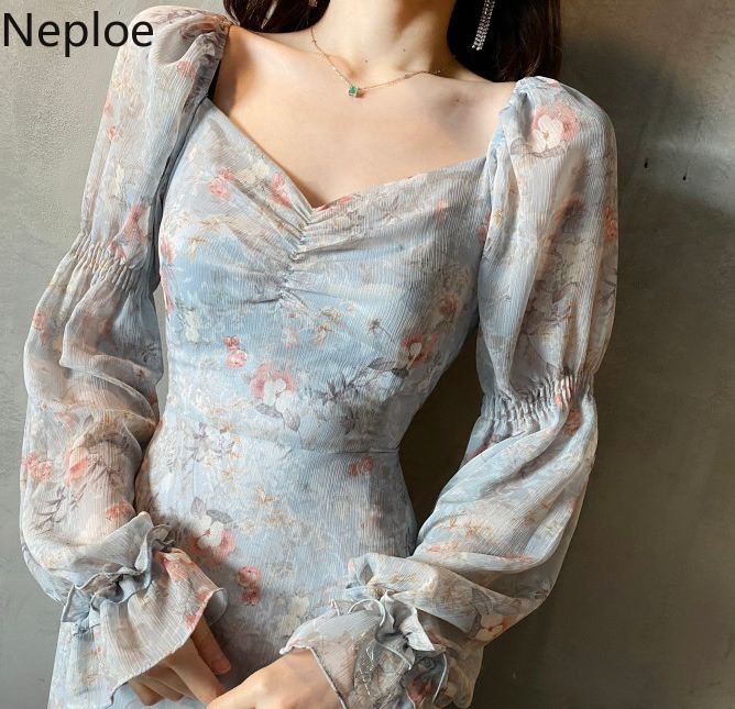 Neploe Floral Print Dress Women Sexy V Neck Puff Sleeve Ladies Vestidos Summer Elegant Slim Waist Female Dresses 1B110 210409