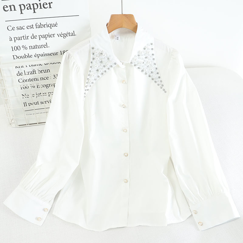 Kimutomo Chic Korean Style Blouse Women Heavy Beading Turn-down Collar Long Sleeve Single Breasted Shirt Outwear Elegant 210521