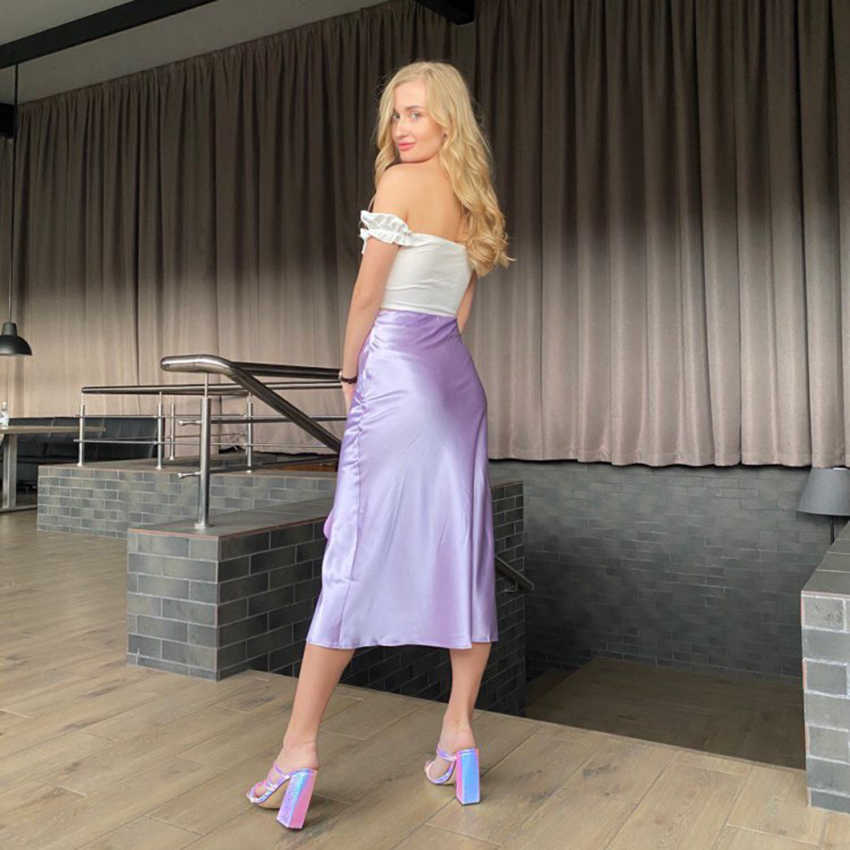 Mnealways18 Solid Purple Satin Silk Skirt Women High Waisted Summer Long Elegant Ladies Office s Midi Spring 210619
