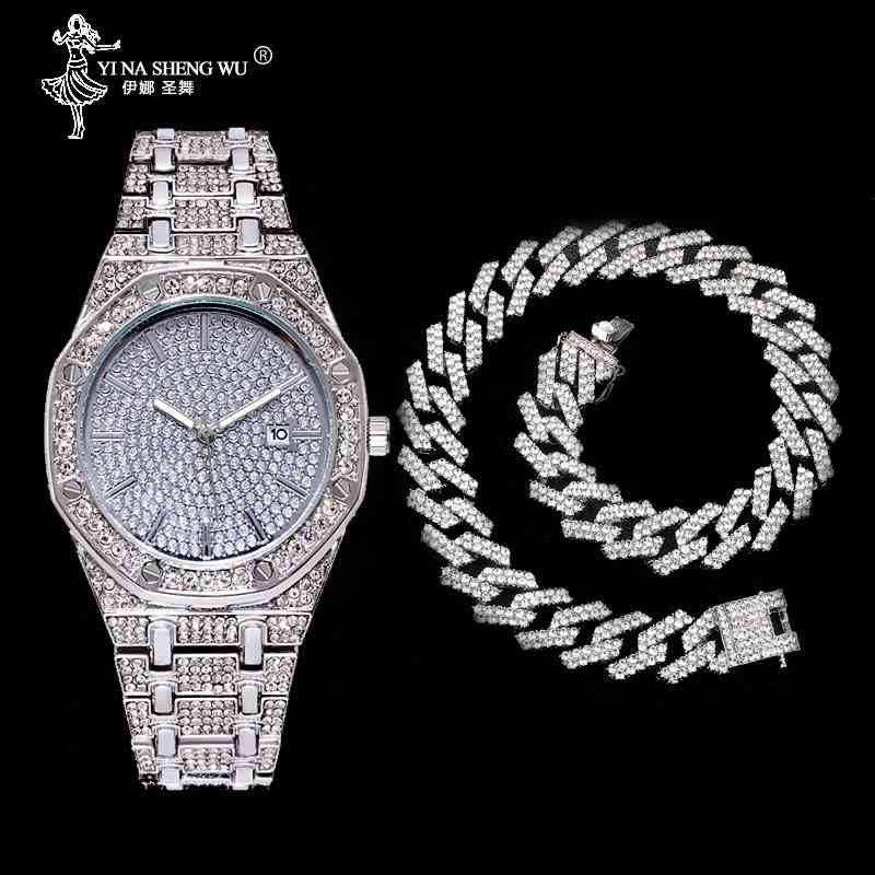 Hip Hop Men Watch+Necklace Full Set Gold Color Heavy Full Iced Out Paved Rhinestones 19MM Cuban Chain CZ Bling Jewelry For Gift X0509
Hip Hop Men Watch+Necklace Full Set Gold Color Heavy Full Iced Out Paved Rhinestones 19MM Cuban Chain CZ Bling Jewelry For Gift X0509