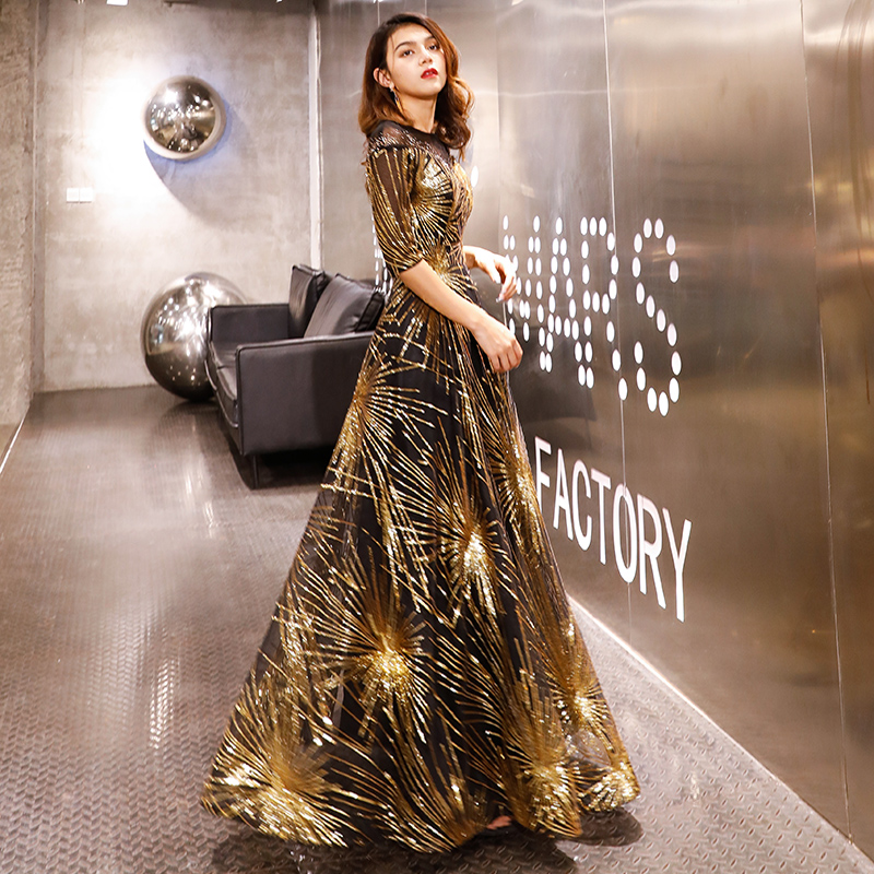 Robe De Soiree Evening Dress 2022 Gold Sequined Crystal O-Neck Black Floor-length Dinner Gowns