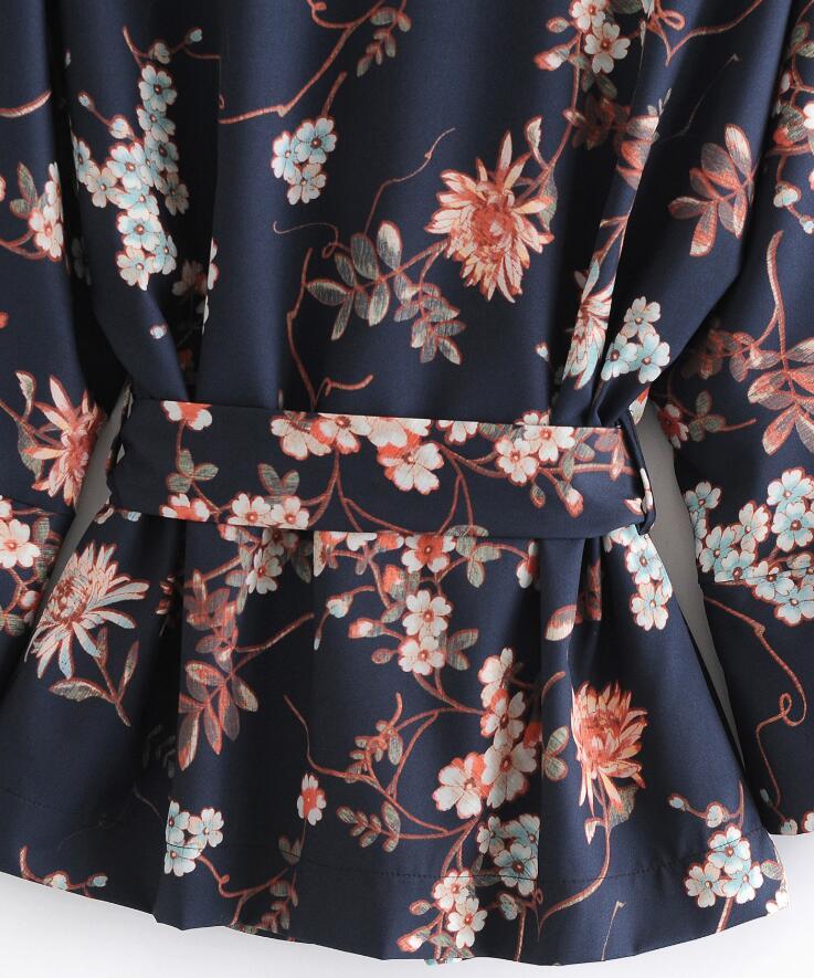 Bohemian Women Floral Print Kimono Shirt Holiday Beach Tied Bow Sashes Mid Long Cardigan Blouse BOHO Tops 210429