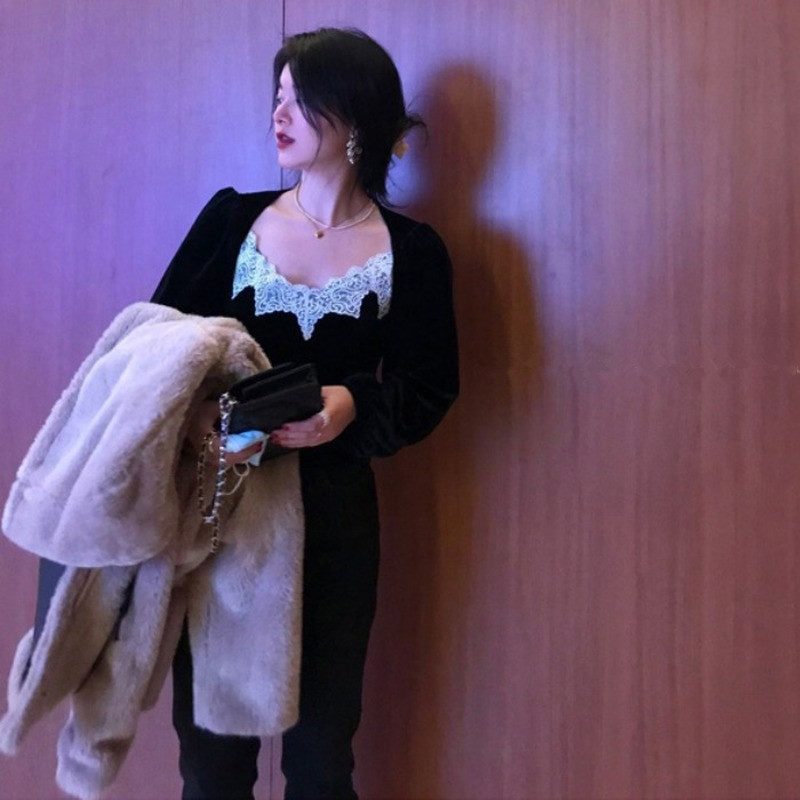 Nomikuma Vintage Lace Patchwork Square Collar Women Blouse Puff Long Sleeve Slim Blusa Top Spring New Pullover Shirt 6E388 210427