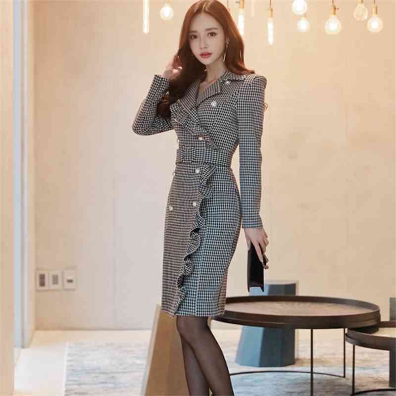 Fashion Runway Winter Dress Women Double Breasted Temperament Ruffle Vintage Elegant Houndstooth Vestidos 210520