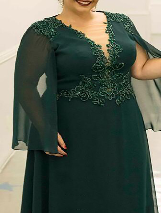 Plus Size Mother of the Bride Dress Dark Green Long Sleeve Beading Chiffon Floor Length Wedding Party Guest Formal Evening Gowns