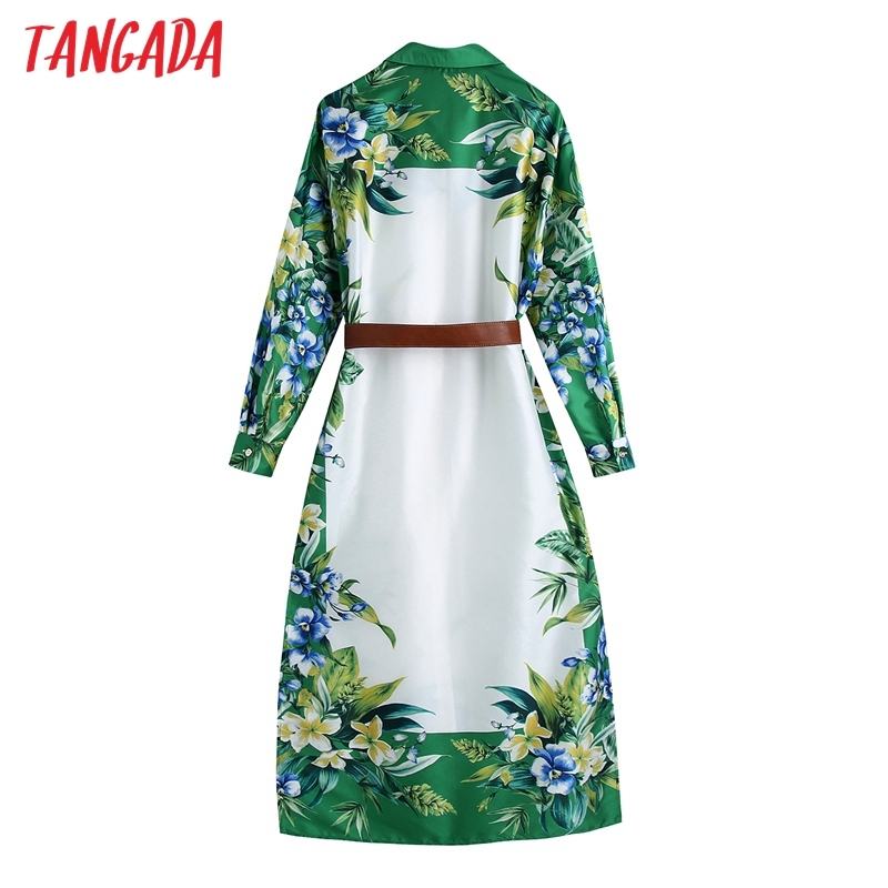 Women Chic Fashion Floral Print Midi Dress with Belt Vintage Long Sleeve Female Dresses BE466 210416