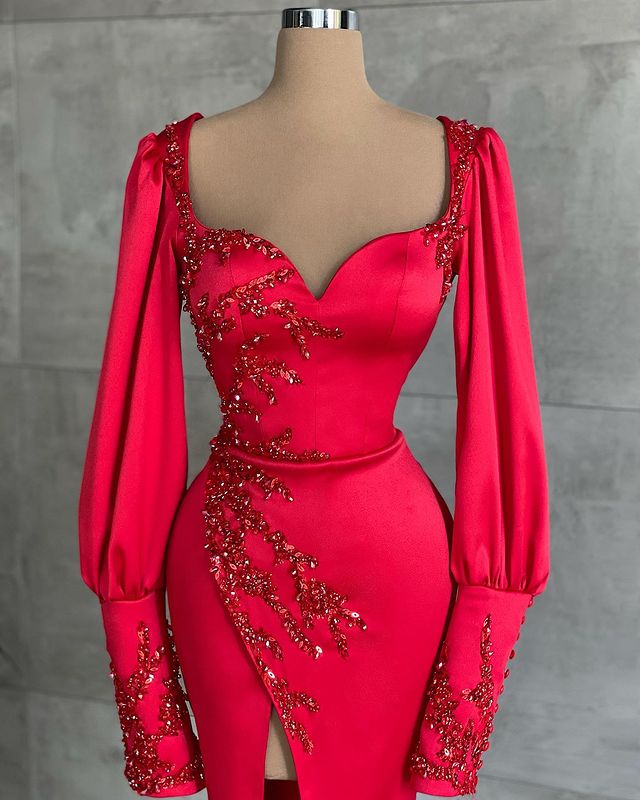 Long Sleeve Sparkly Prom Formal Dresses 2022 Red Sweetheart Lace Sequins Sexy Slit Mermaid Arabic Occasion Evening Dress Gowns