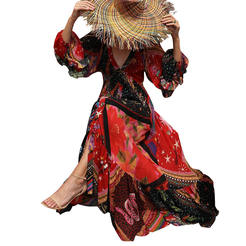 Women Dress V Neck Puff Sleeve Printed Bohemia Sexy Long Floral Maxi es Plus Size Loose Beach es 210513