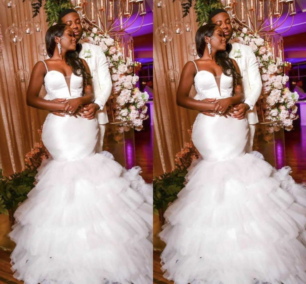 Elegant Modest African Plus Size Mermaid Wedding Dress Bridal Gowns Spaghetti Straps Dubai Arabic Beaded Tiered Skirts or Length Formal Dresses Es