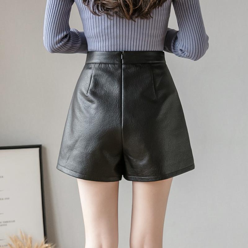 Double Breasted Pu Leather Shorts Femme High Waist Wide Leg Women Autumn Winter Casual Black Women's